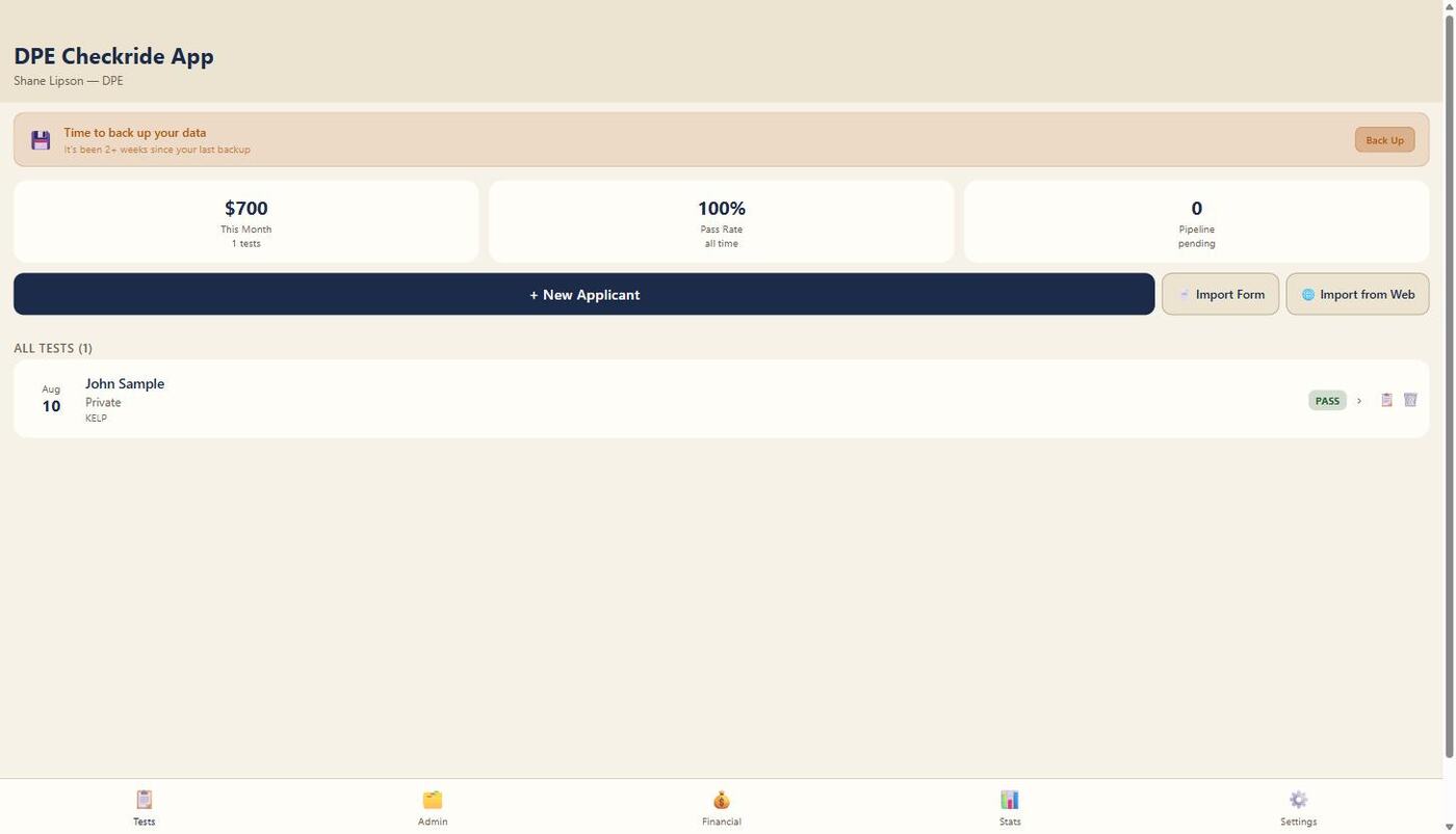 DPE App dashboard showing monthly revenue, pass rate, and a completed checkride record